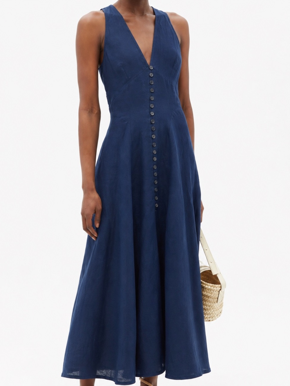 Three Graces London Rose Dress Navy 100% Linen Maxi Dress UK 12 US 8